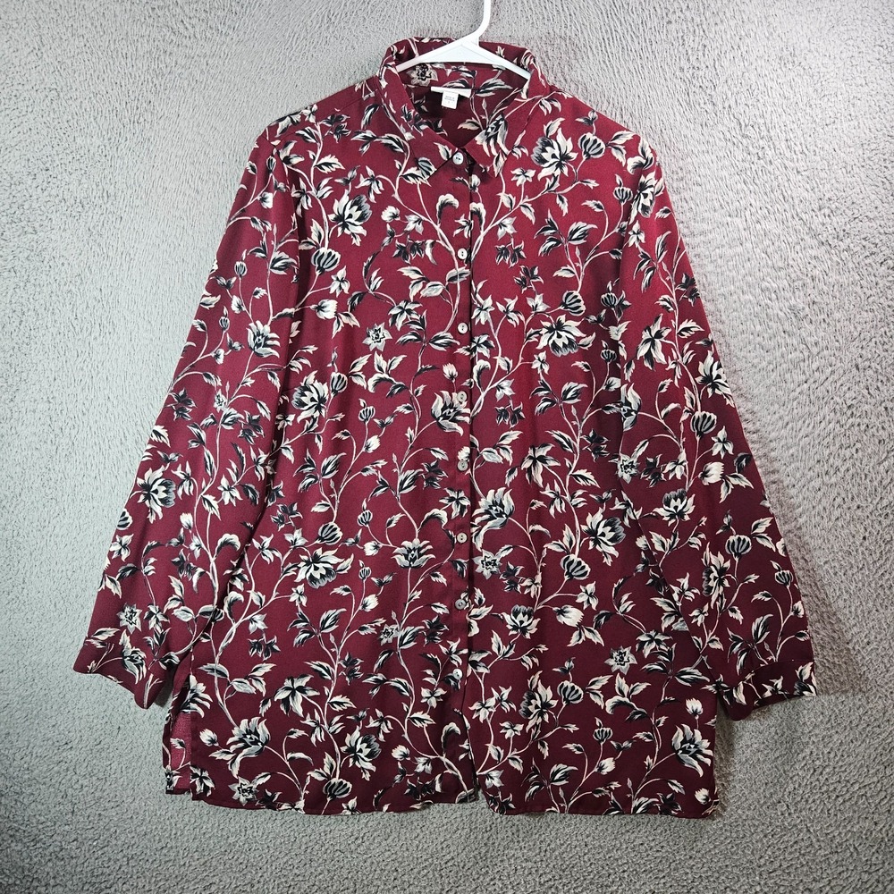J Jill Tunic Shirt Women Large Button Up Floral Print Maroon Long Sleeve